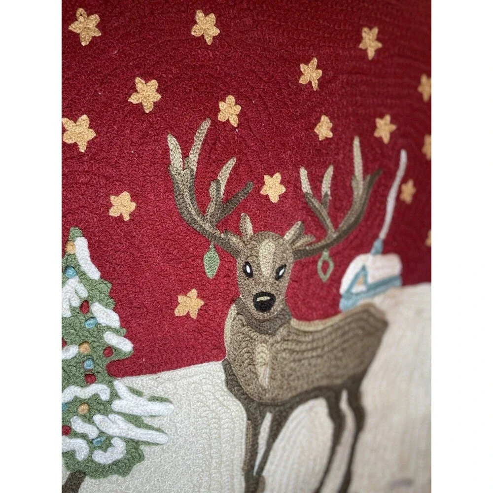 Pottery Barn Christmas Reindeer Embroidered Pillow Cover Red White Used 18x18